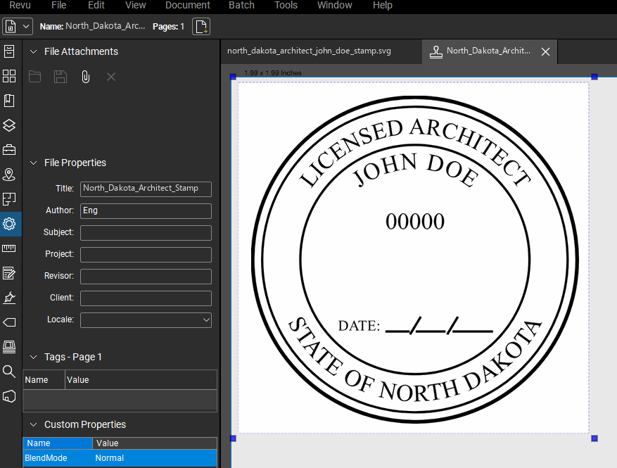 North Dakota Architect stamp applied to a PDF drawing in Bluebeam Revu