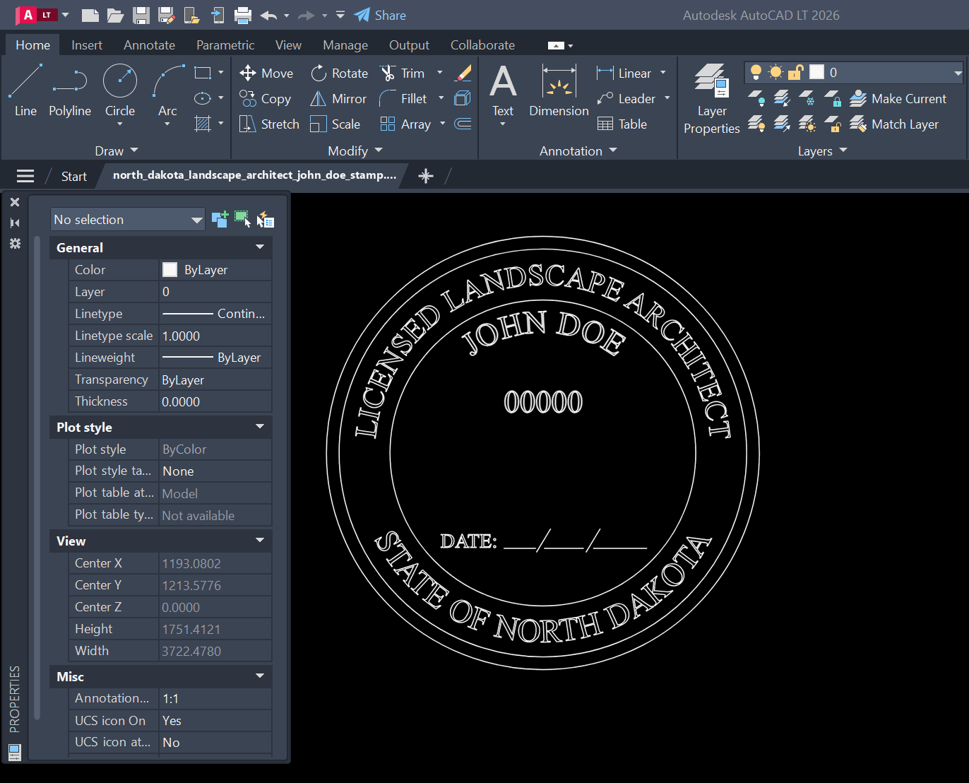 North Dakota Landscape Architect stamp DXF opened in AutoCAD