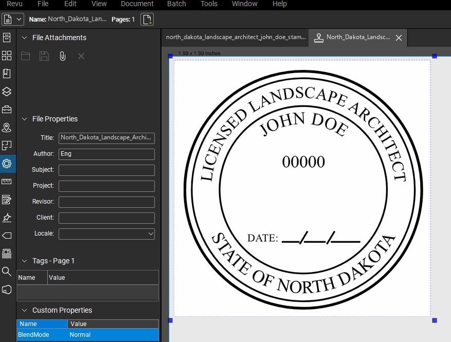 North Dakota Landscape Architect stamp applied to a PDF drawing in Bluebeam Revu