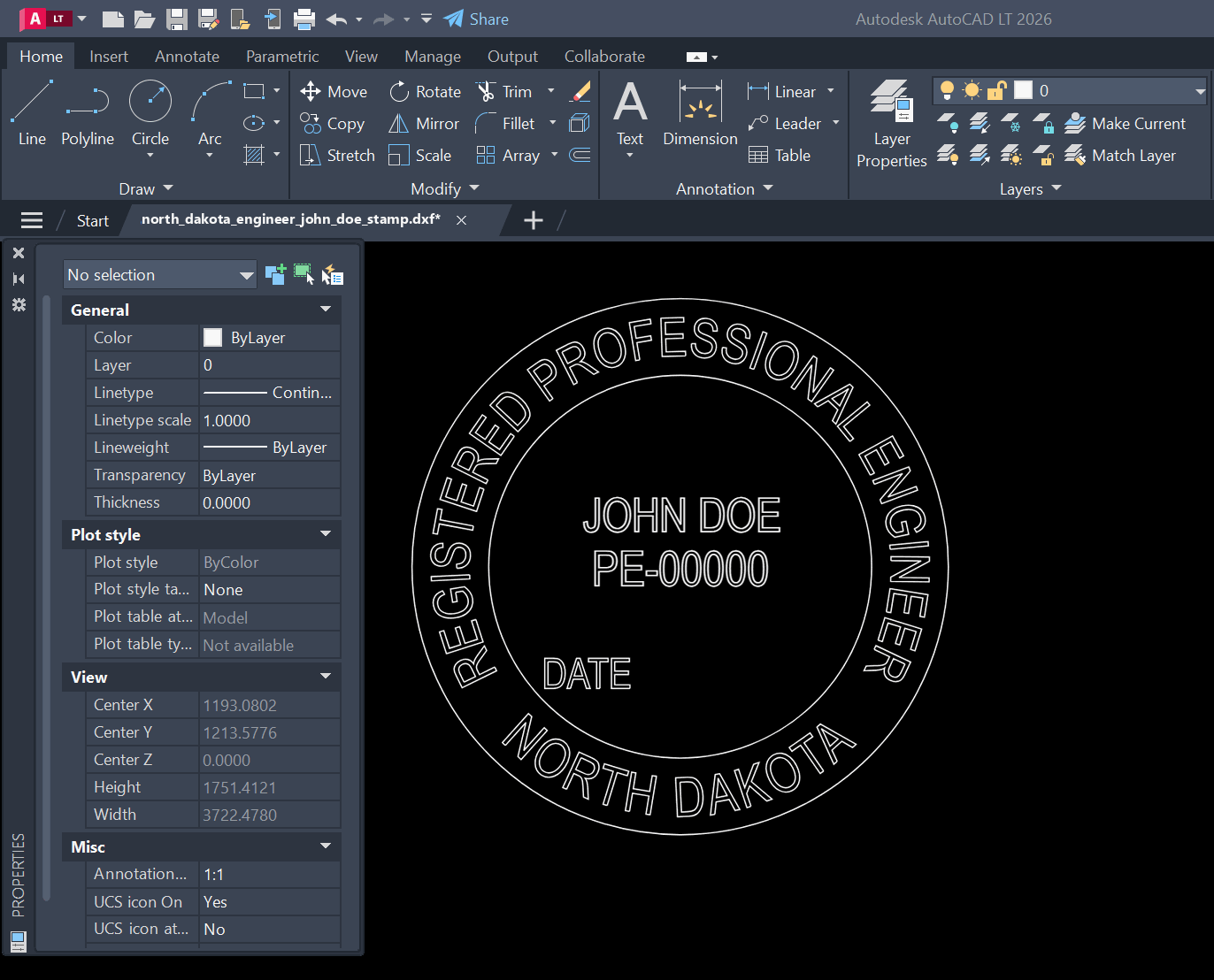 North Dakota PE stamp DXF opened in AutoCAD