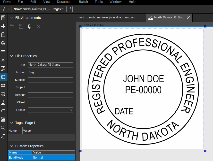 North Dakota PE stamp applied to a PDF drawing in Bluebeam Revu