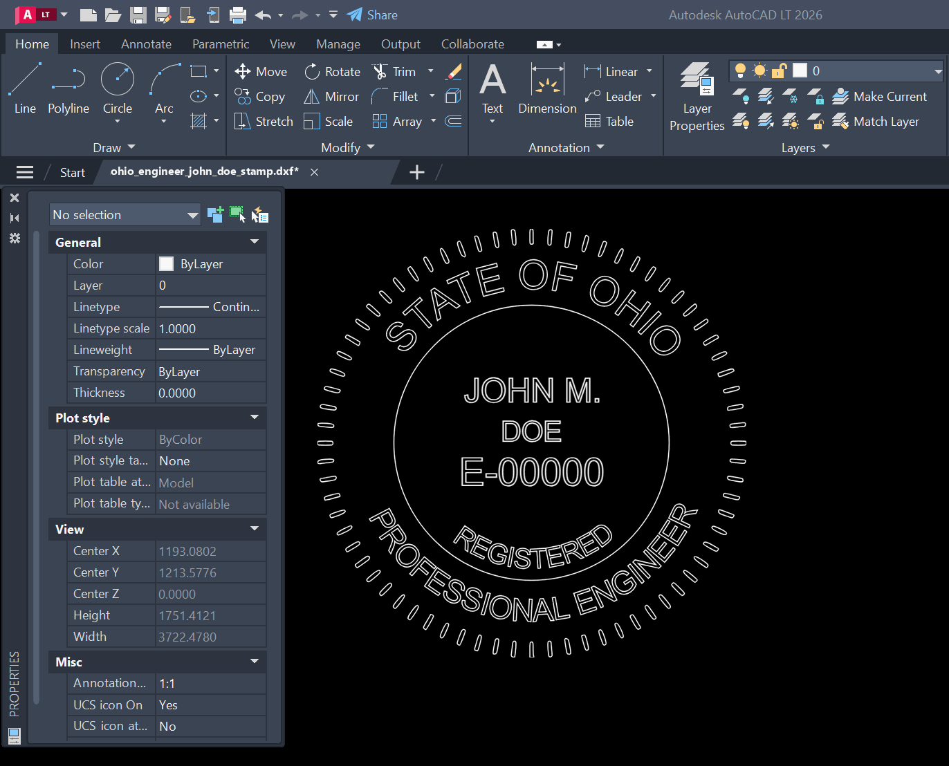 Ohio PE stamp DXF opened in AutoCAD