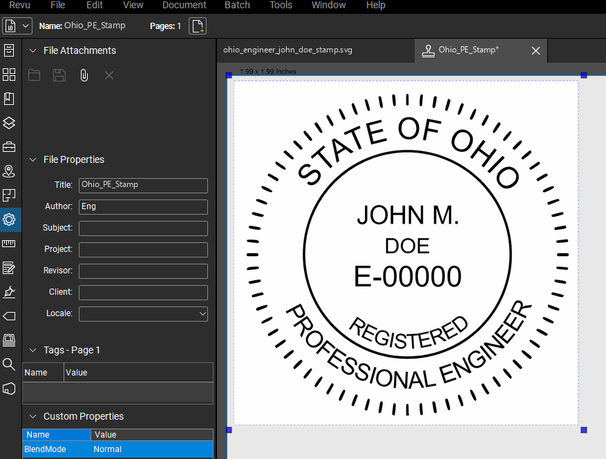 Ohio PE stamp applied to a PDF drawing in Bluebeam Revu