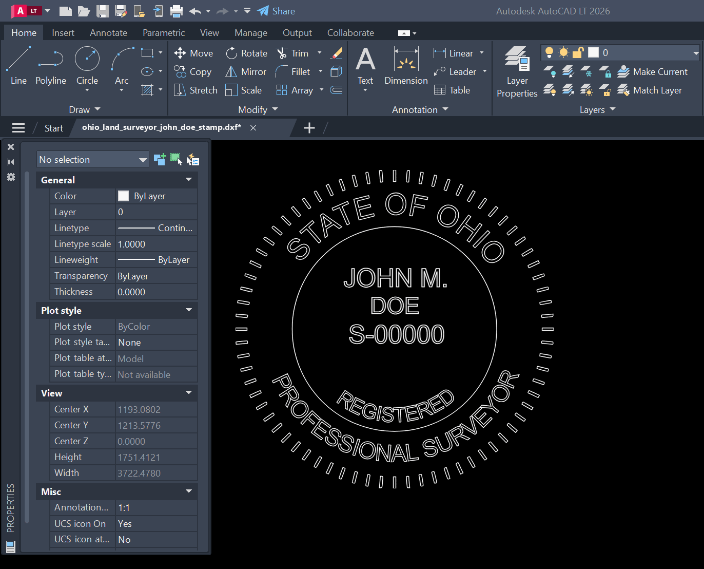 Ohio Land Surveyor stamp DXF opened in AutoCAD