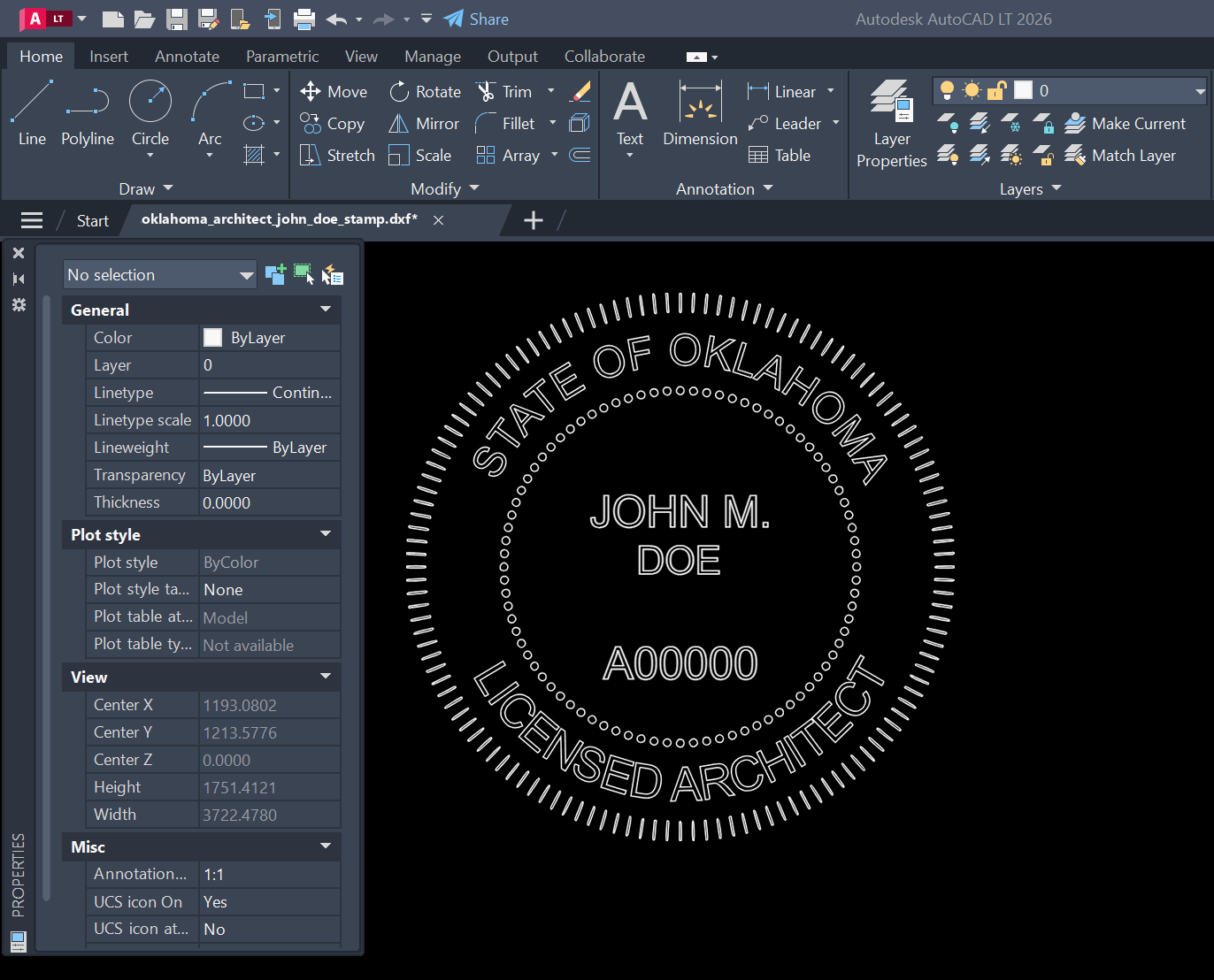 Oklahoma Architect stamp DXF opened in AutoCAD