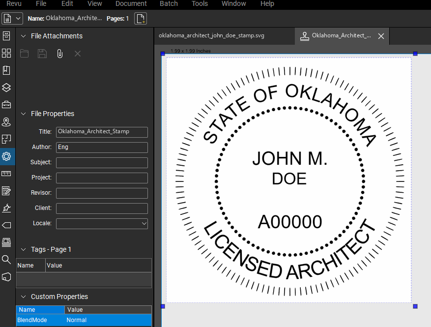 Oklahoma Architect stamp applied to a PDF drawing in Bluebeam Revu