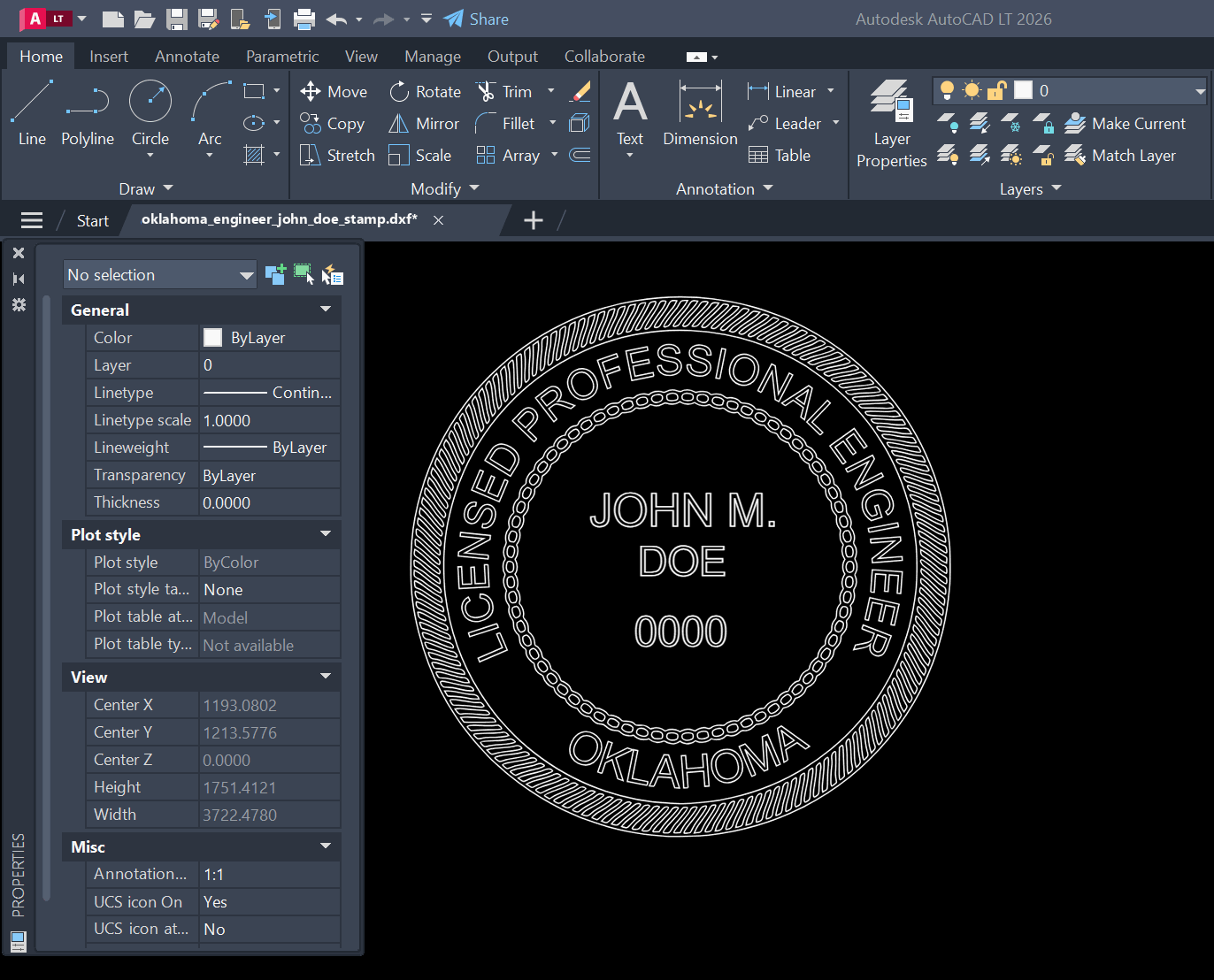 Oklahoma PE stamp DXF opened in AutoCAD
