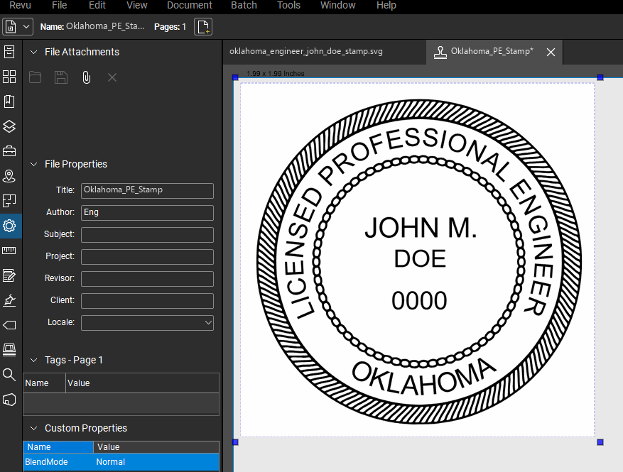 Oklahoma PE stamp applied to a PDF drawing in Bluebeam Revu