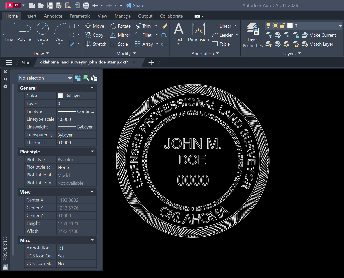 Oklahoma Land Surveyor stamp DXF opened in AutoCAD