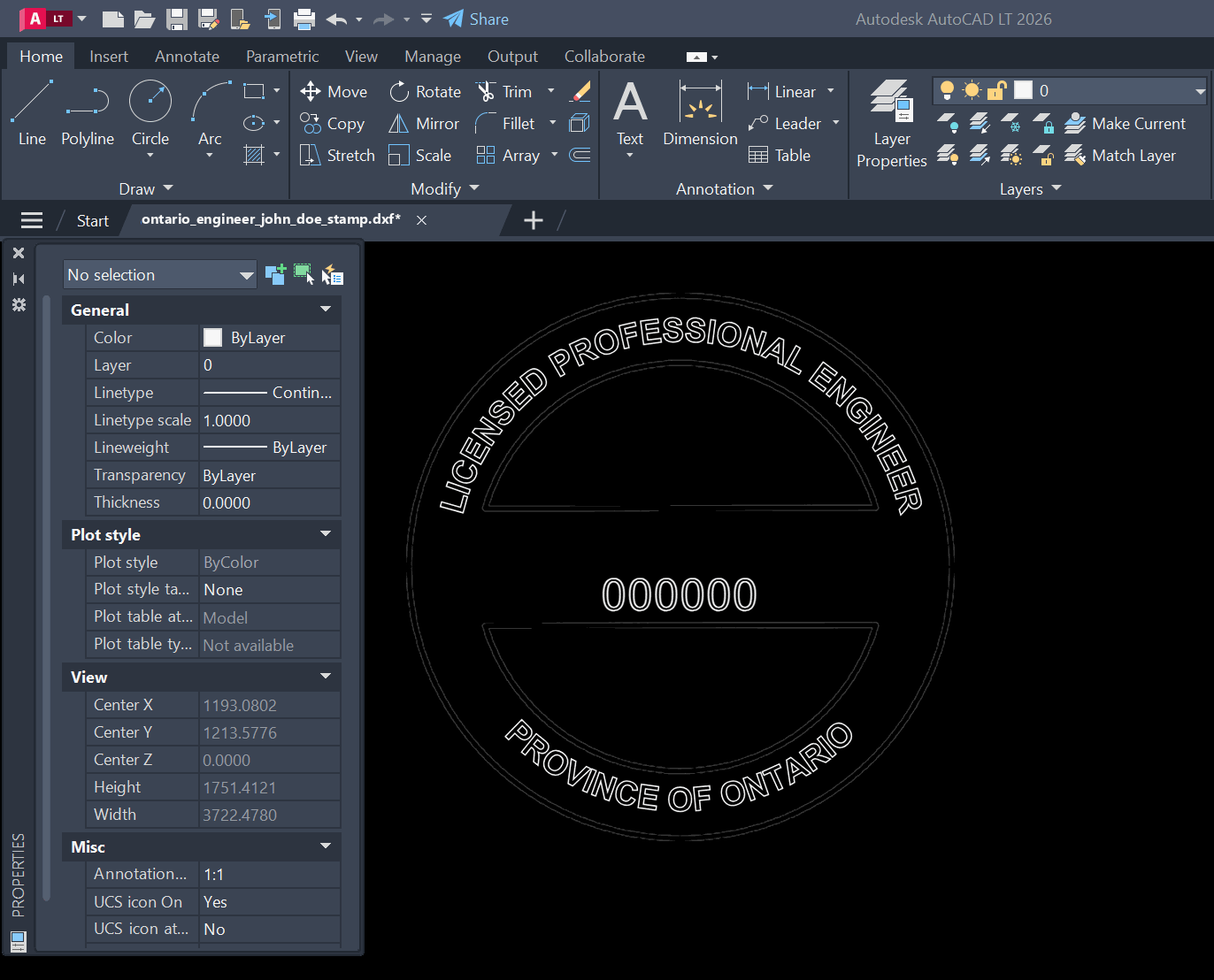 Ontario PE stamp DXF opened in AutoCAD