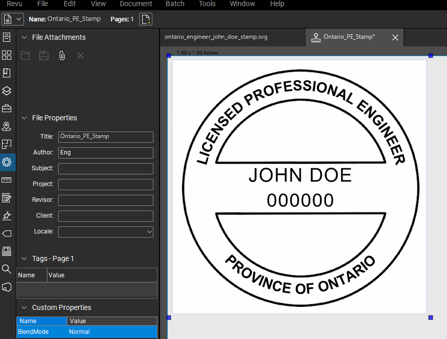 Ontario PE stamp applied to a PDF drawing in Bluebeam Revu