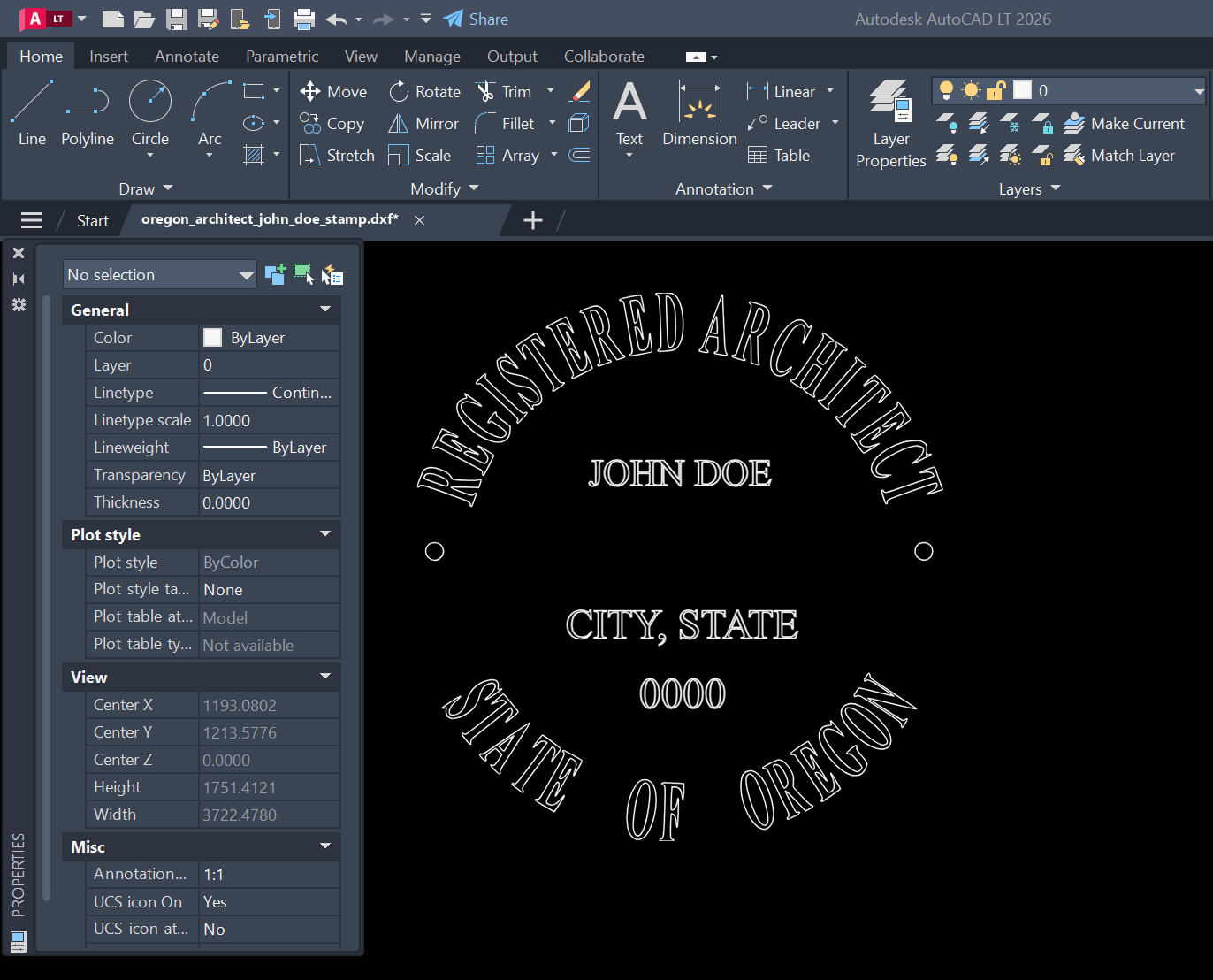 Oregon Architect stamp DXF opened in AutoCAD