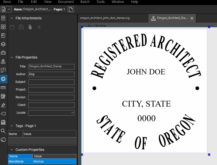 Oregon Architect stamp applied to a PDF drawing in Bluebeam Revu