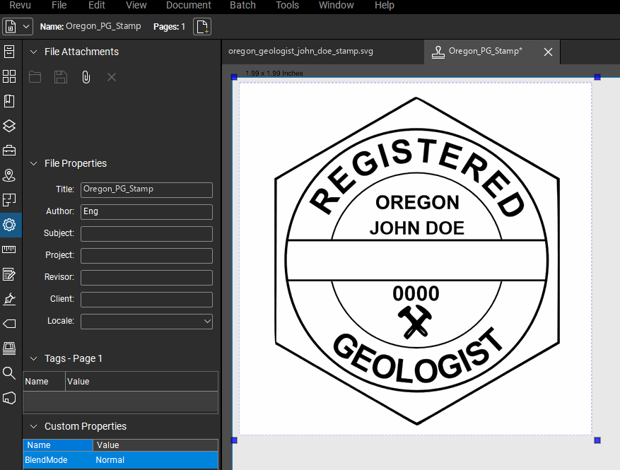 Oregon Geologist stamp applied to a PDF drawing in Bluebeam Revu