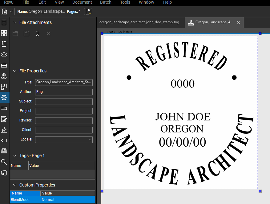 Oregon Landscape Architect stamp applied to a PDF drawing in Bluebeam Revu