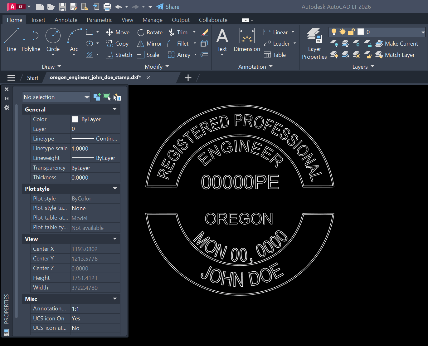 Oregon PE stamp DXF opened in AutoCAD