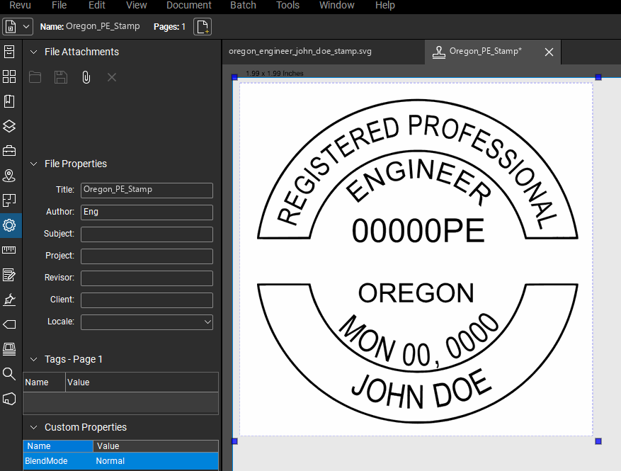 Oregon PE stamp applied to a PDF drawing in Bluebeam Revu