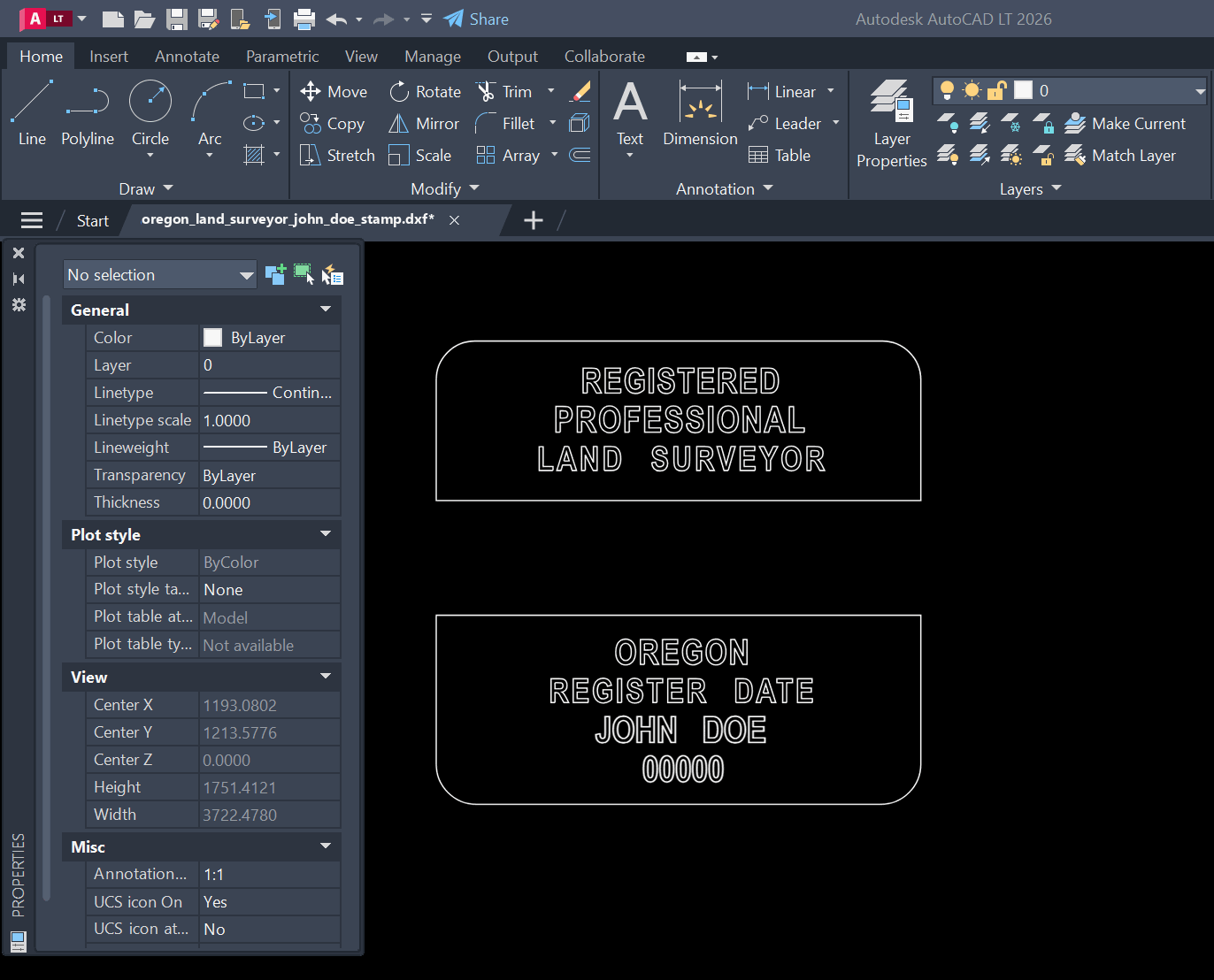 Oregon Land Surveyor stamp DXF opened in AutoCAD