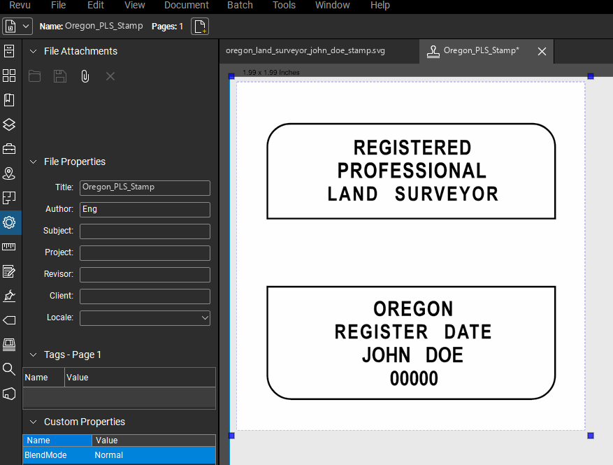 Oregon Land Surveyor stamp applied to a PDF drawing in Bluebeam Revu