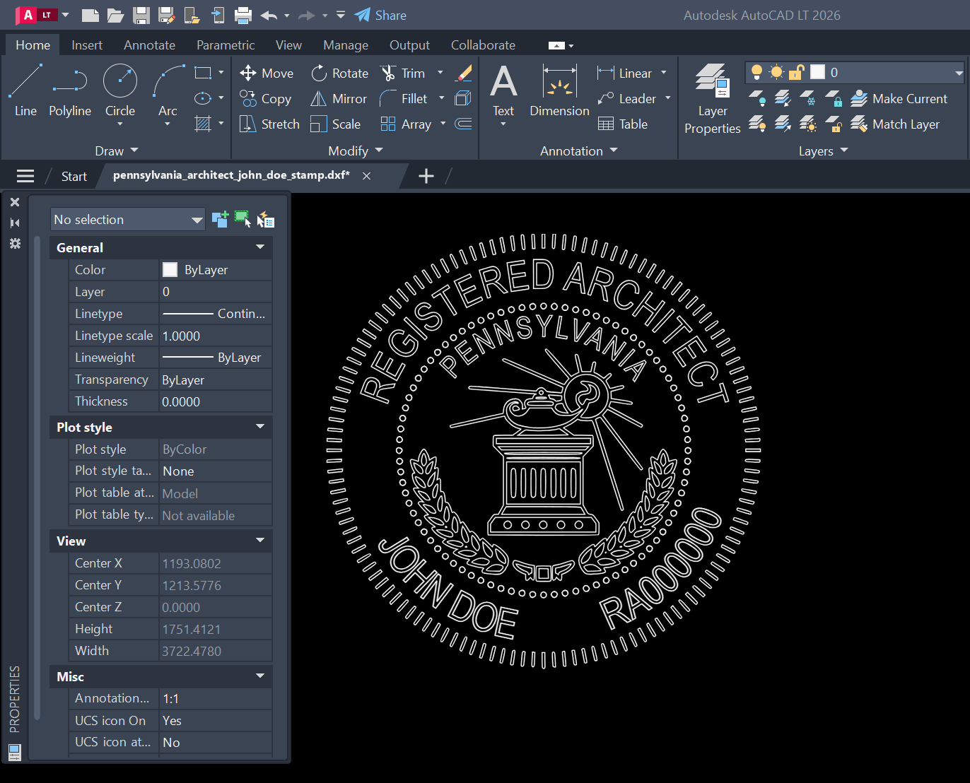 Pennsylvania Architect stamp DXF opened in AutoCAD