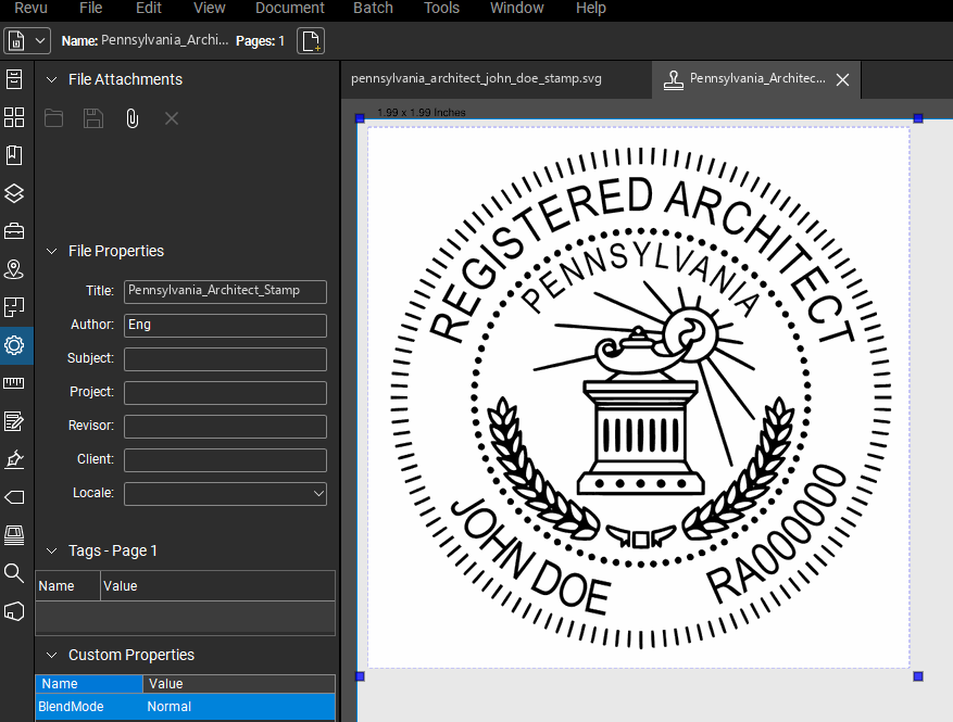 Pennsylvania Architect stamp applied to a PDF drawing in Bluebeam Revu