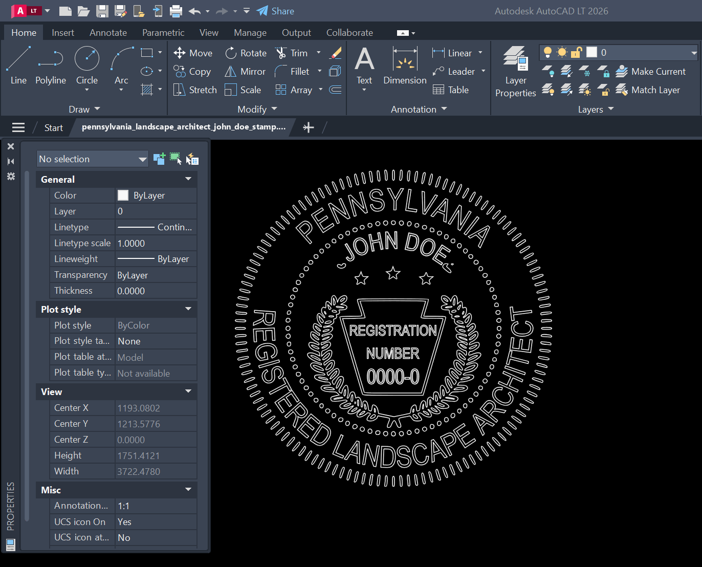 Pennsylvania Landscape Architect stamp DXF opened in AutoCAD