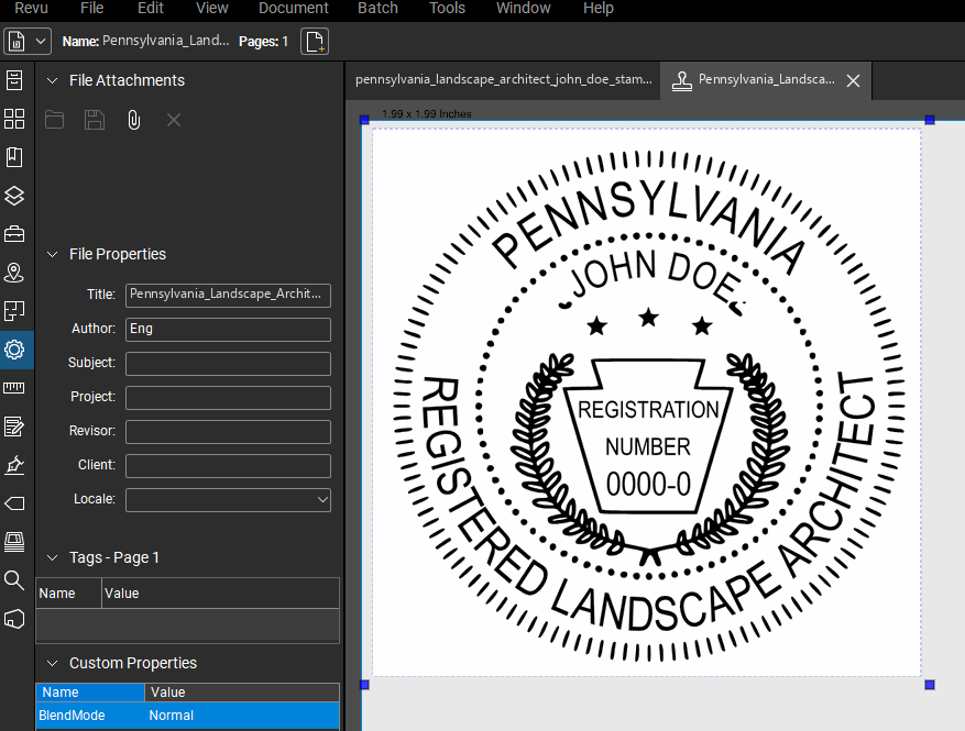 Pennsylvania Landscape Architect stamp applied to a PDF drawing in Bluebeam Revu