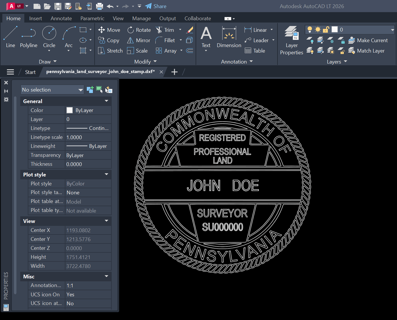 Pennsylvania Land Surveyor stamp DXF opened in AutoCAD