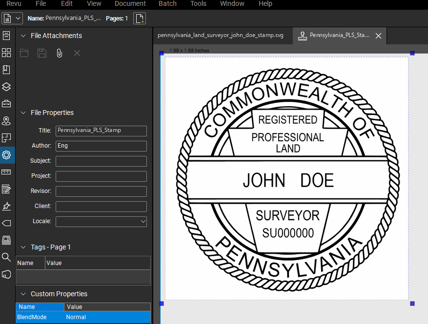 Pennsylvania Land Surveyor stamp applied to a PDF drawing in Bluebeam Revu