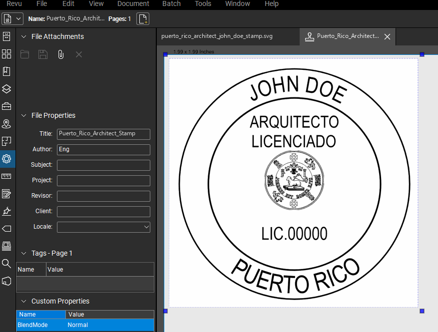 Puerto Rico Architect stamp applied to a PDF drawing in Bluebeam Revu