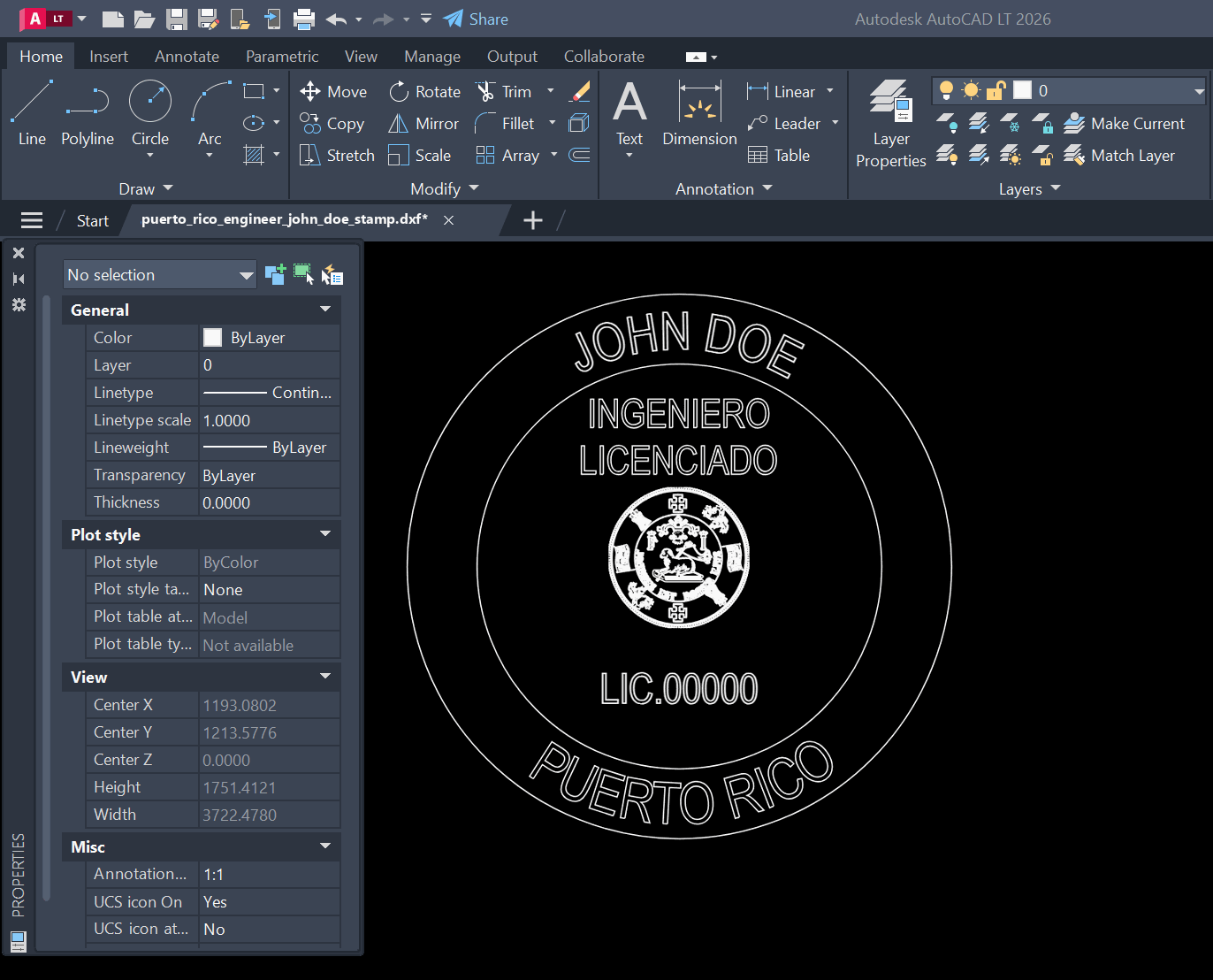 Puerto Rico PE stamp DXF opened in AutoCAD