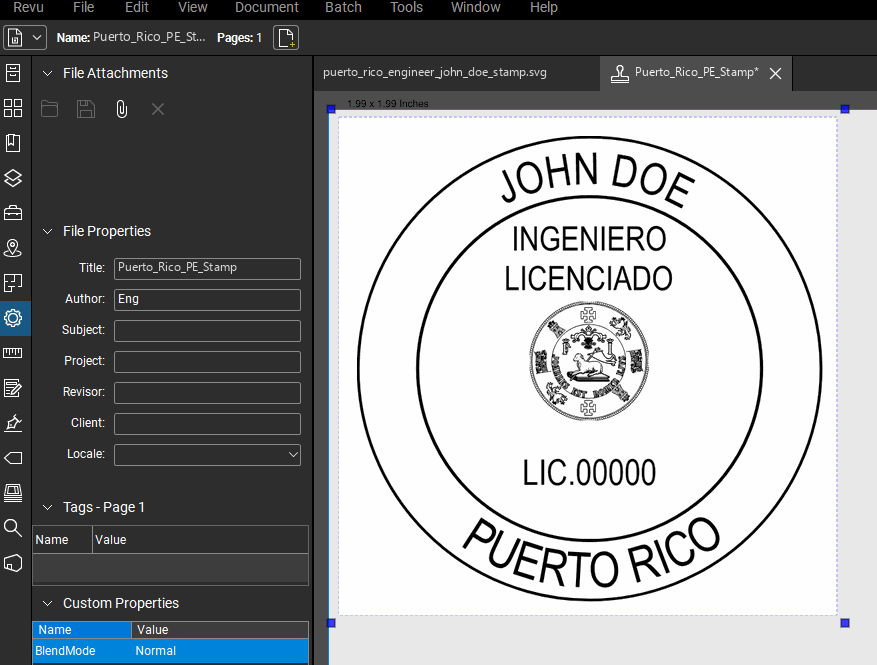 Puerto Rico PE stamp applied to a PDF drawing in Bluebeam Revu