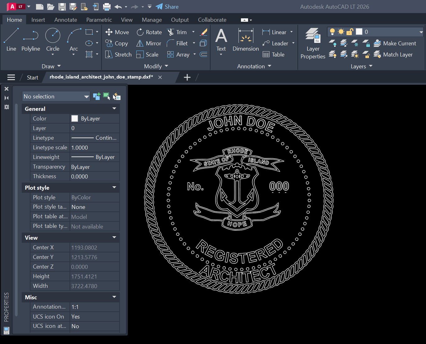 Rhode Island Architect stamp DXF opened in AutoCAD