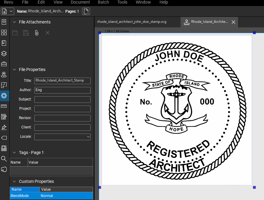 Rhode Island Architect stamp applied to a PDF drawing in Bluebeam Revu