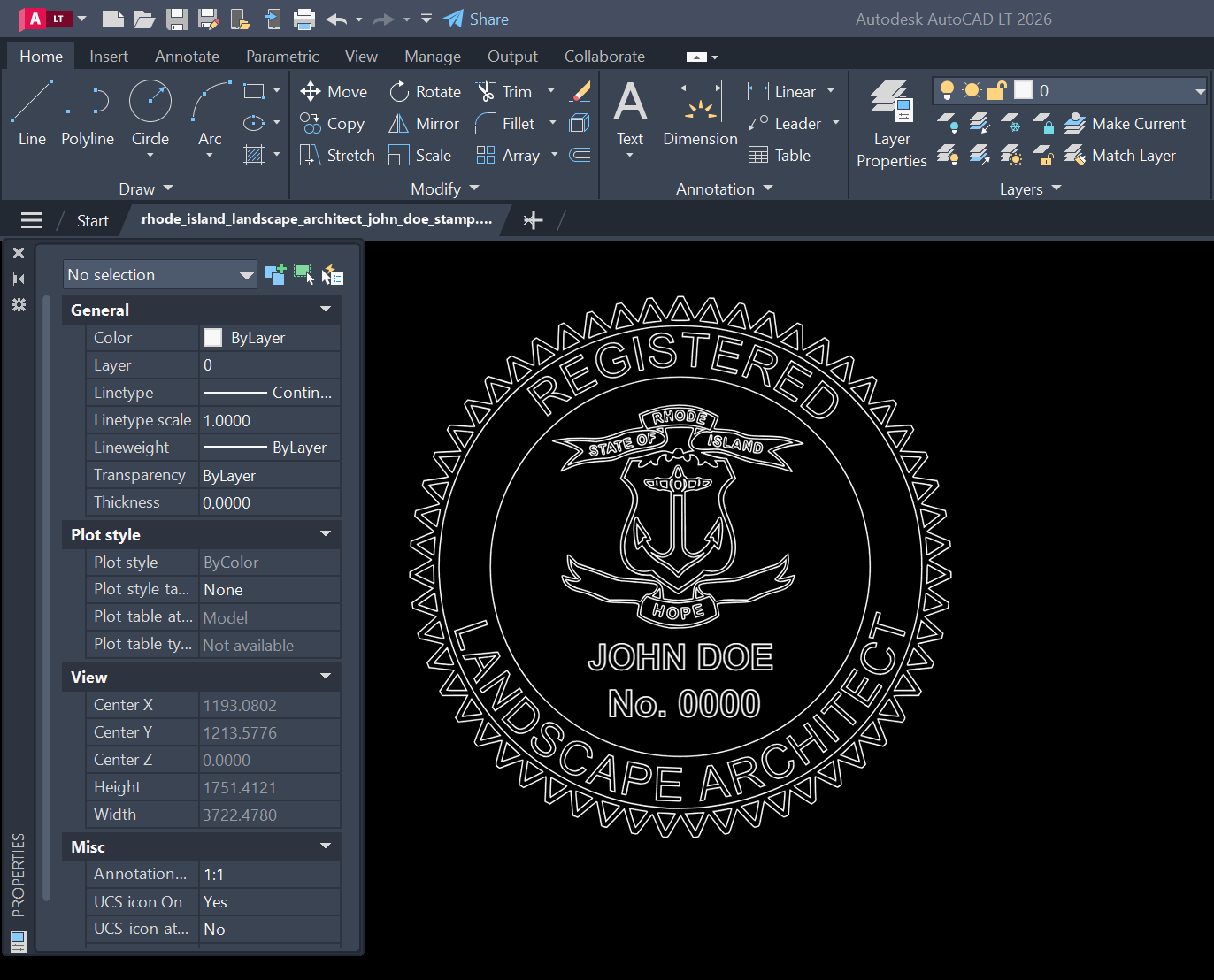Rhode Island Landscape Architect stamp DXF opened in AutoCAD