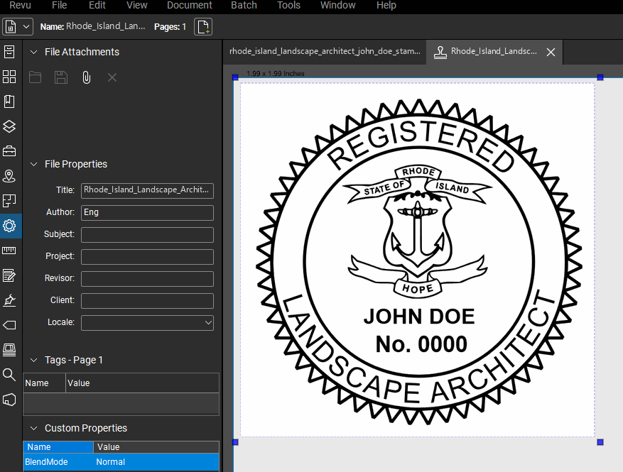 Rhode Island Landscape Architect stamp applied to a PDF drawing in Bluebeam Revu