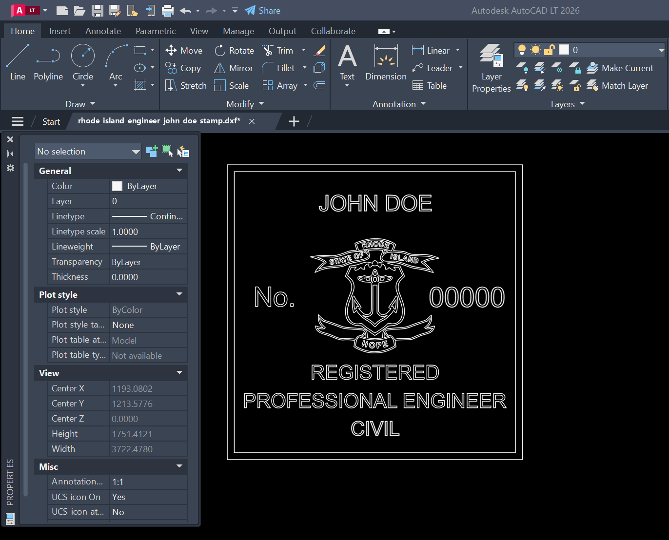 Rhode Island PE stamp DXF opened in AutoCAD