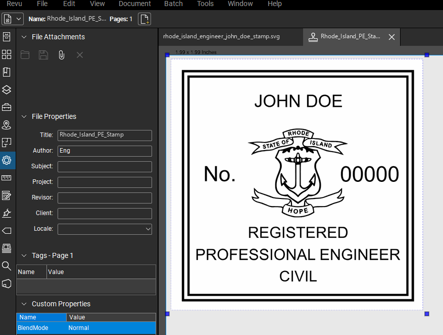 Rhode Island PE stamp applied to a PDF drawing in Bluebeam Revu