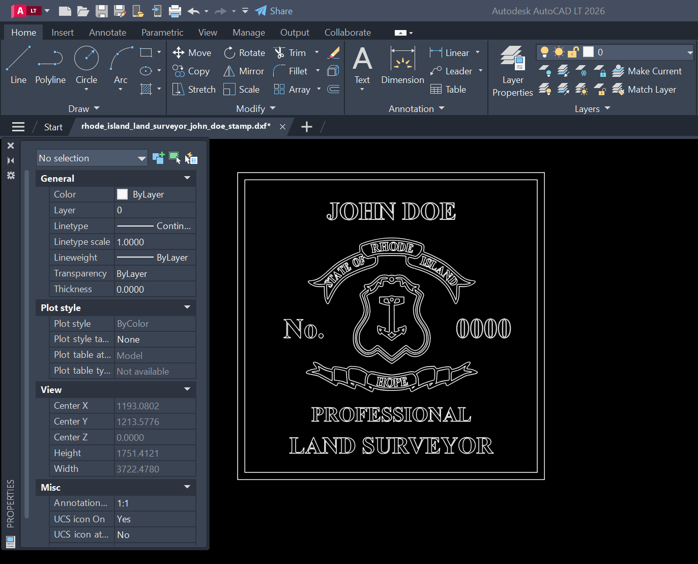 Rhode Island Land Surveyor stamp DXF opened in AutoCAD