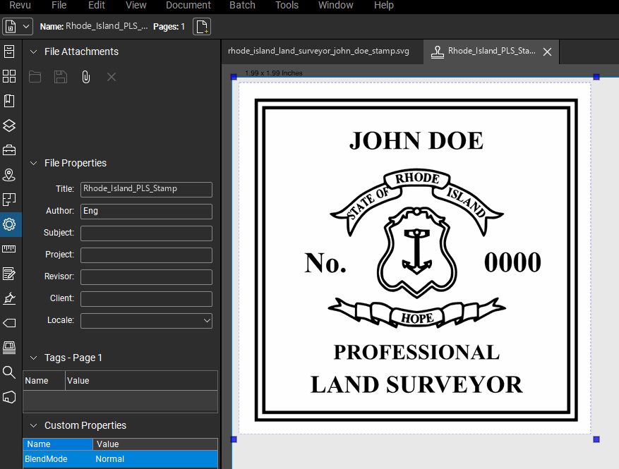 Rhode Island Land Surveyor stamp applied to a PDF drawing in Bluebeam Revu