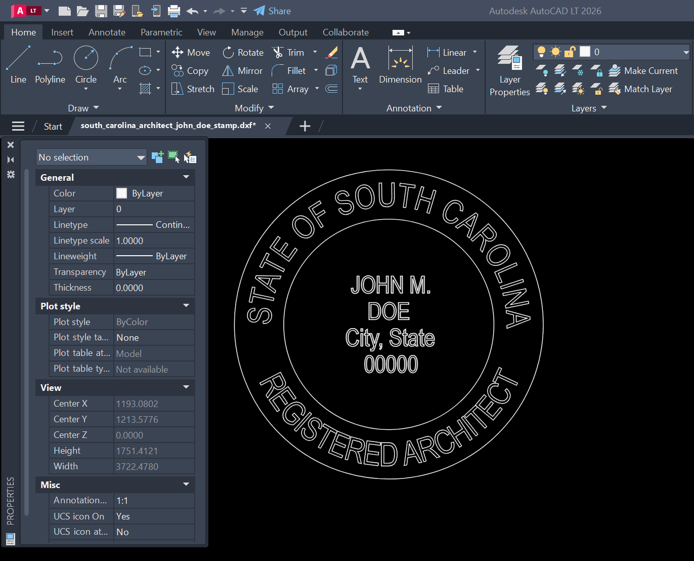 South Carolina Architect stamp DXF opened in AutoCAD