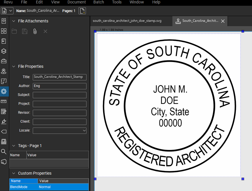 South Carolina Architect stamp applied to a PDF drawing in Bluebeam Revu