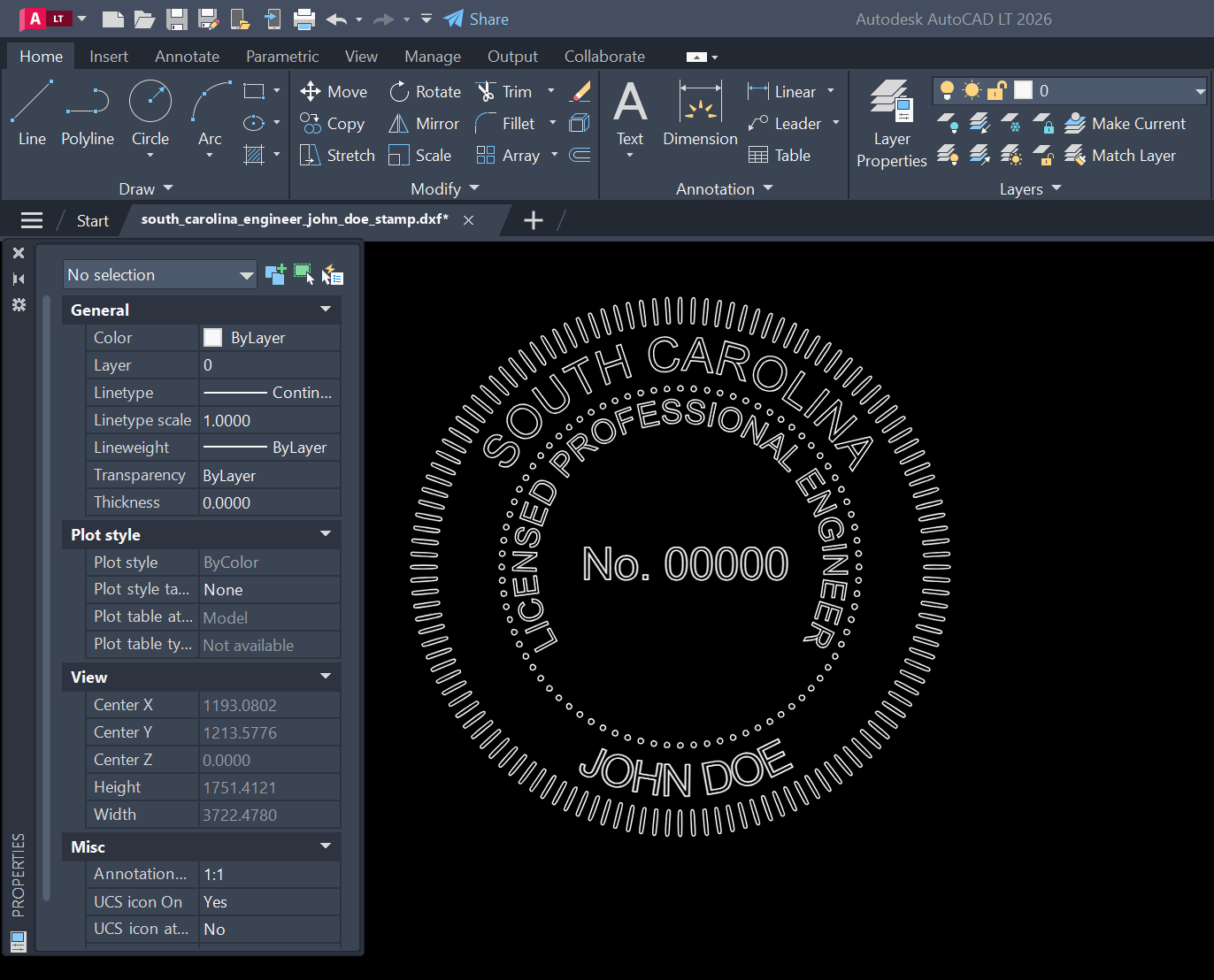 South Carolina PE stamp DXF opened in AutoCAD