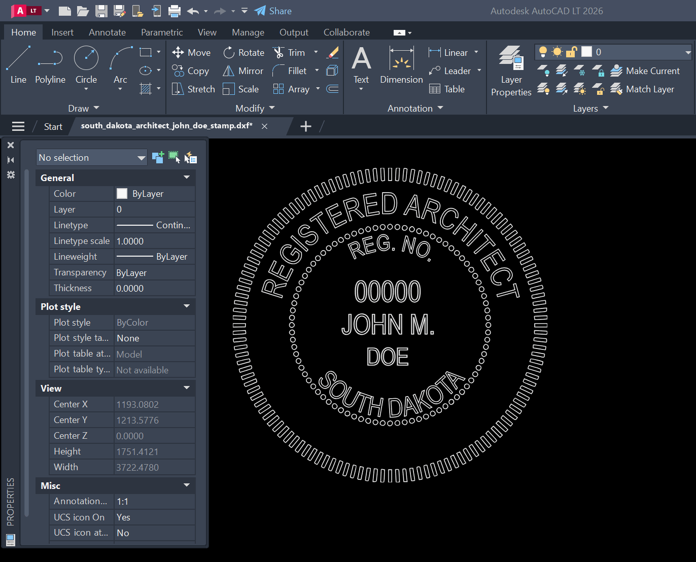 South Dakota Architect stamp DXF opened in AutoCAD