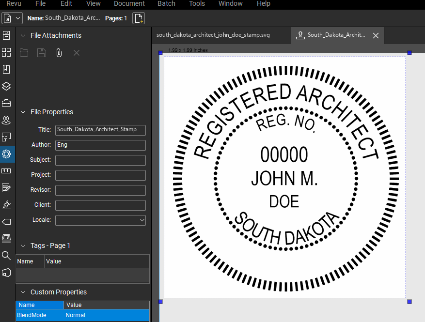 South Dakota Architect stamp applied to a PDF drawing in Bluebeam Revu
