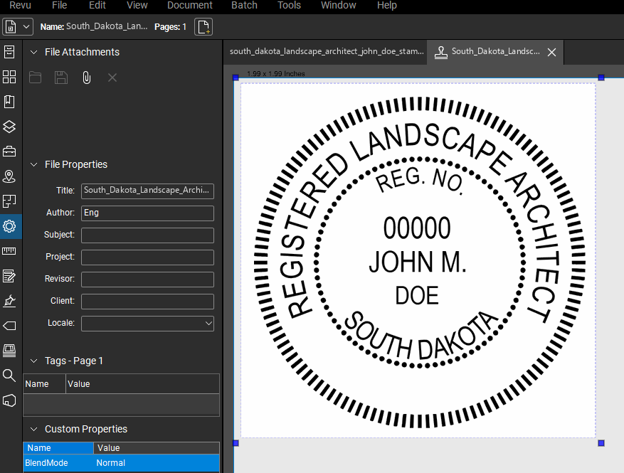 South Dakota Landscape Architect stamp applied to a PDF drawing in Bluebeam Revu