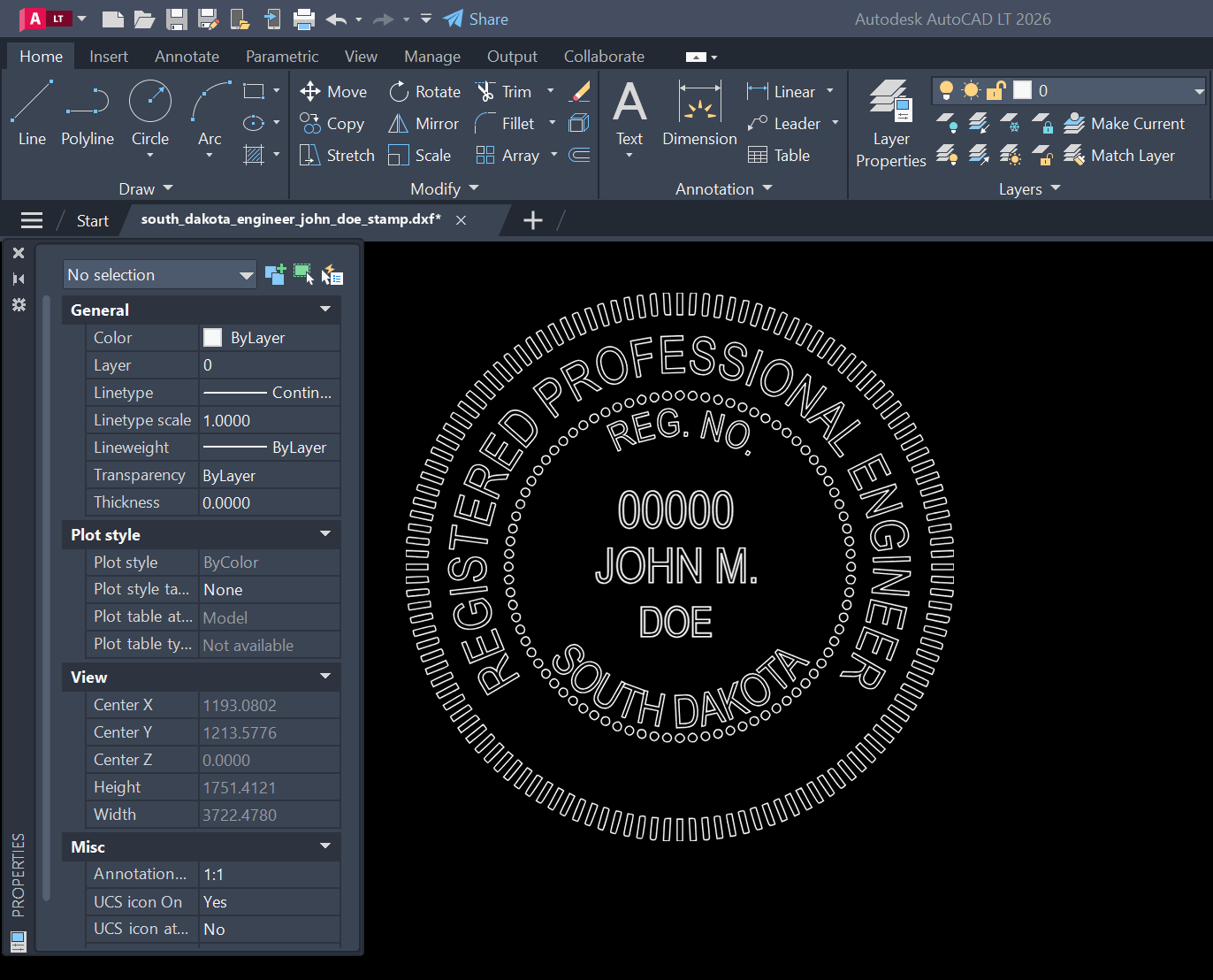 South Dakota PE stamp DXF opened in AutoCAD
