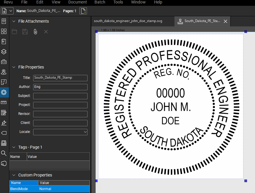 South Dakota PE stamp applied to a PDF drawing in Bluebeam Revu
