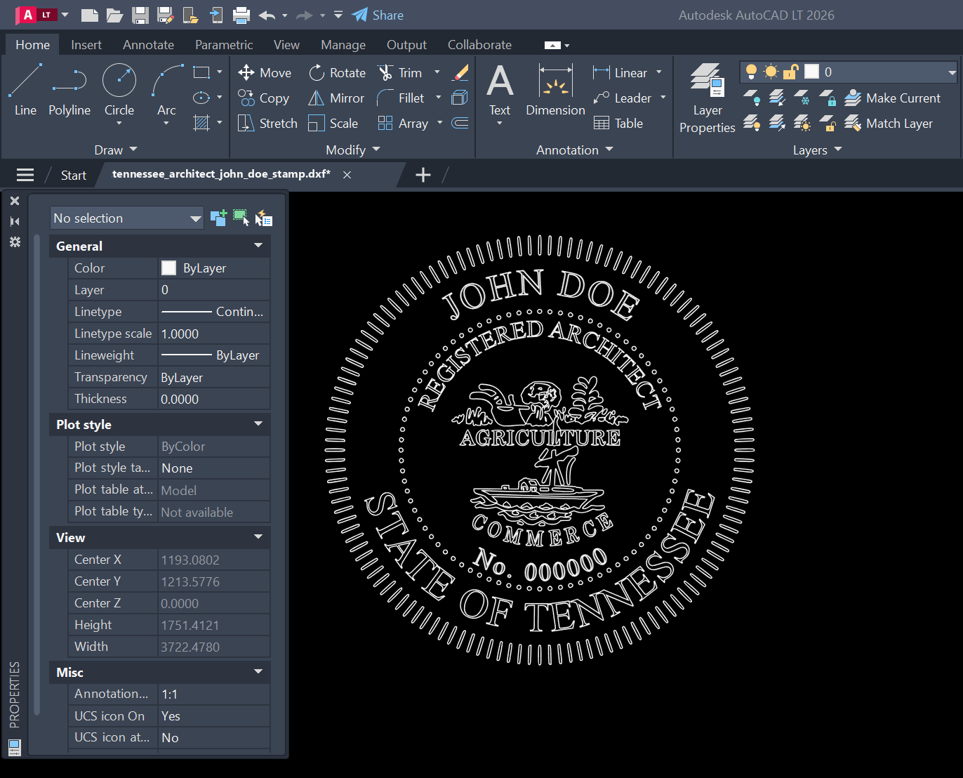 Tennessee Architect stamp DXF opened in AutoCAD
