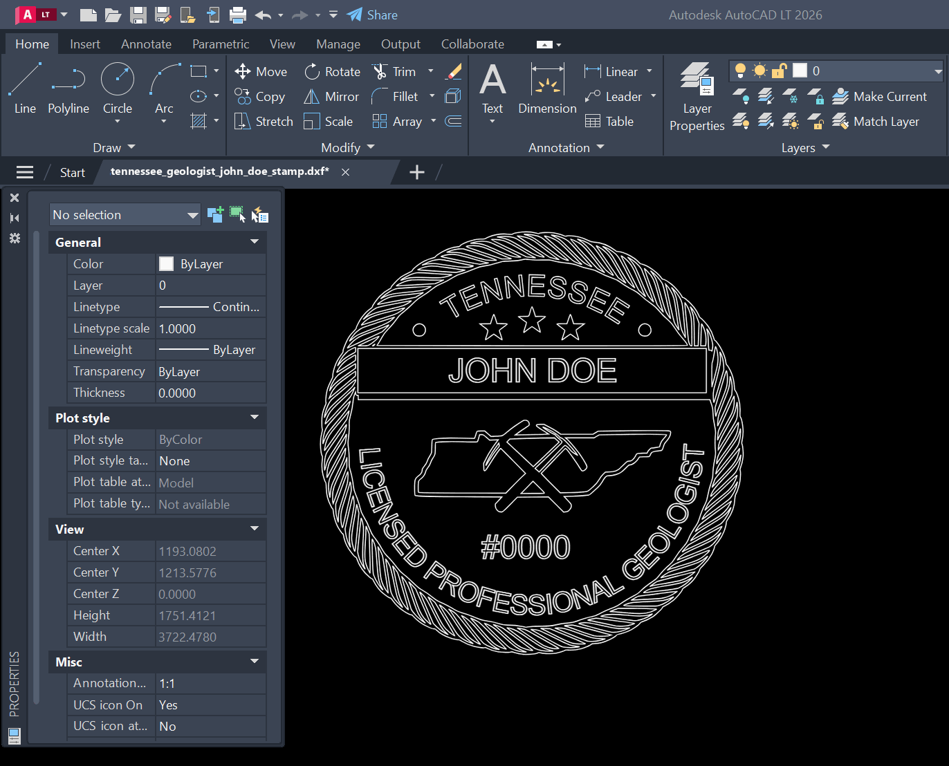 Tennessee Geologist stamp DXF opened in AutoCAD